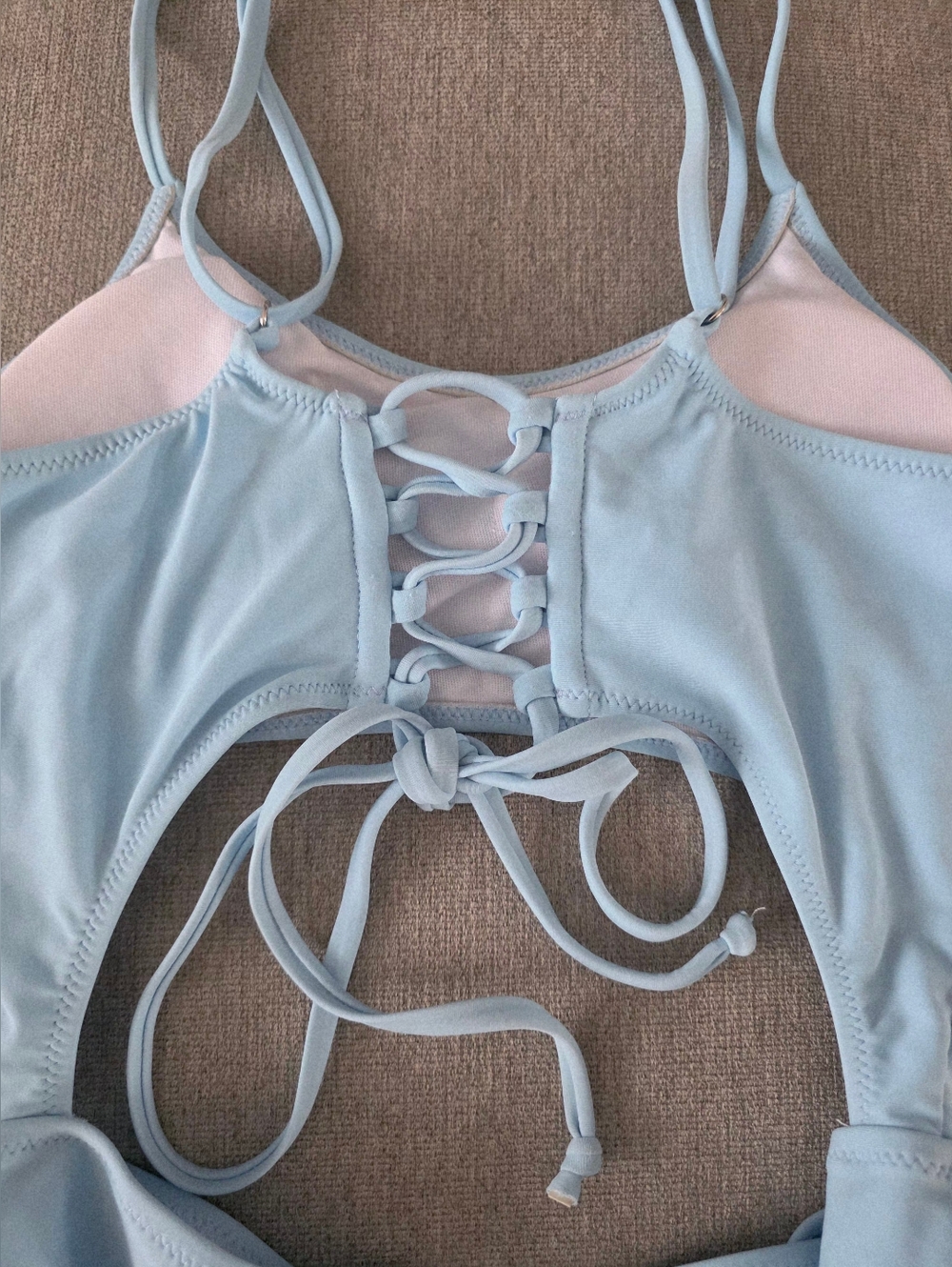 Light Blue Cutout One Piece Swimsuit Lace Up Back High Cut, Size L - Picture 3 of 4